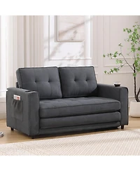 3-in-1 Tufted Futon Sofa Bed with Storage and Cup Holders