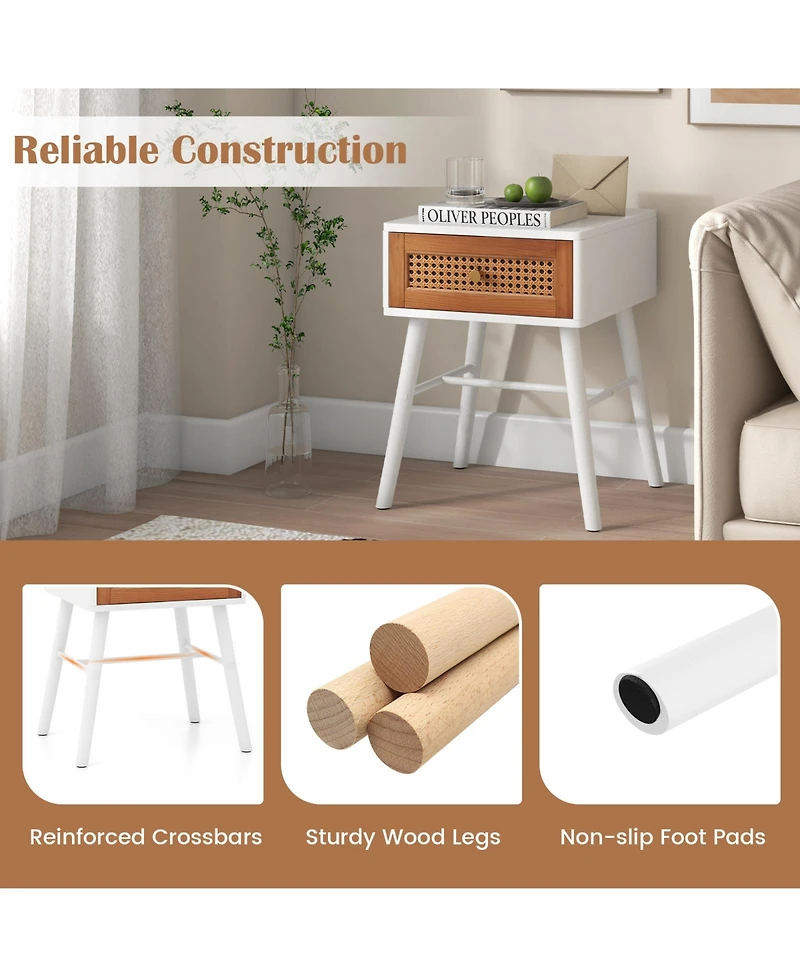 Slickblue Rattan Nightstand Mid Century Modern Accent Table with Drawer-White