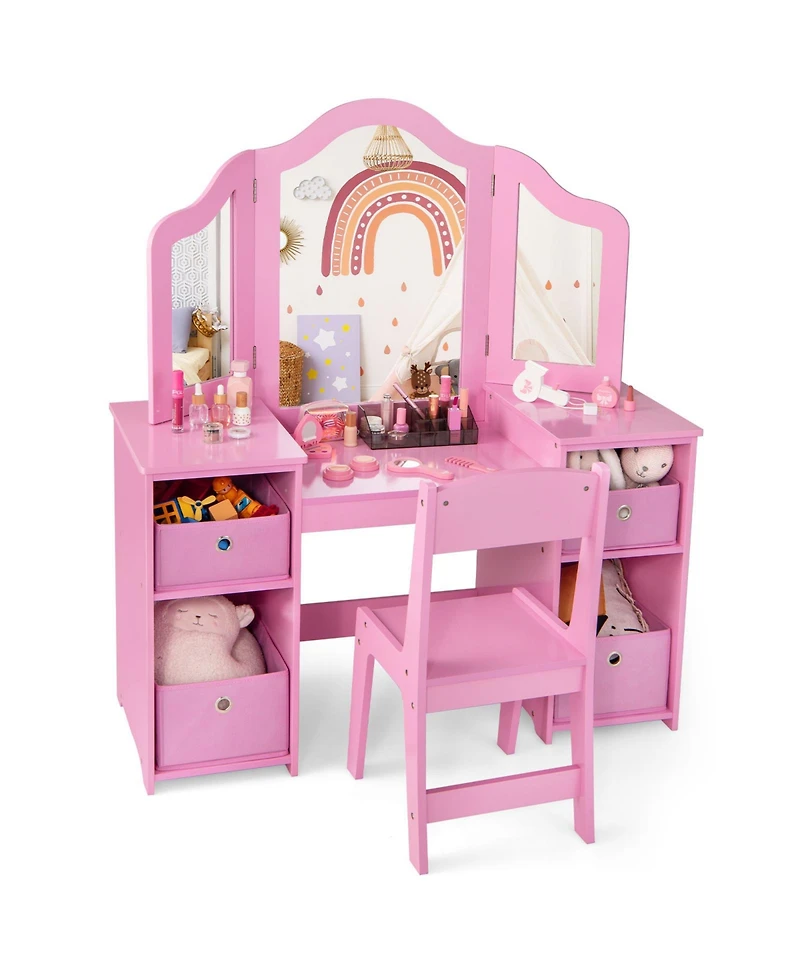 Slickblue Kids Vanity Table and Chair Set with Removable Mirrors and 4 Storage Bins