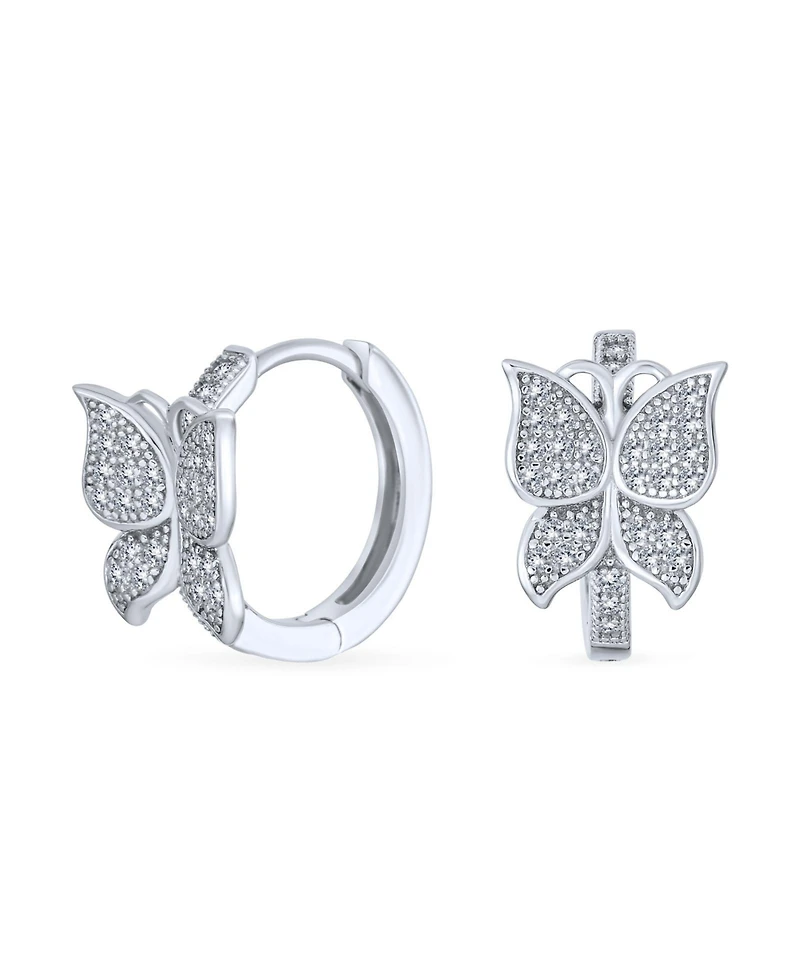 Bling Jewelry Delicate Garden Treasures – Tiny 3D Cz Butterfly-Shaped Huggie Hoop Earrings and Micro Pave Cubic Zirconia in Sterling Silver