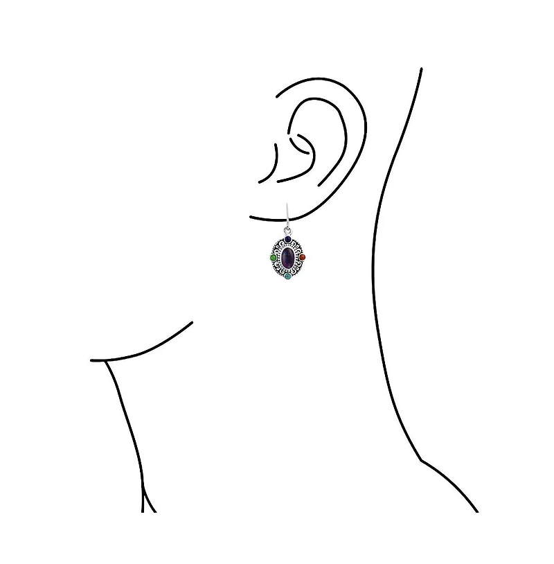 Bling Jewelry Western Style Multicolor Purple Natural Turquoise Oval Framed Dangle Lever Back Earrings Oxidized Sterling Silver