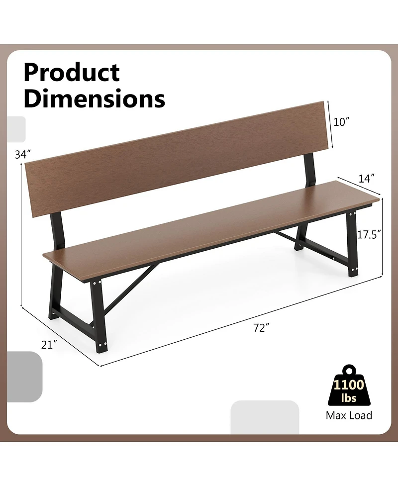 72 Inch Extra Long Bench with All-Weather Hdpe Seat & Back for Yard Garden Porch