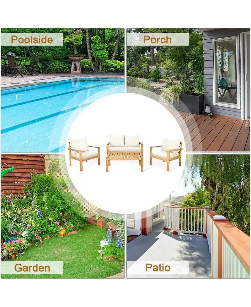 Skonyon Outdoor 4 Pieces Acacia Wood Chat Set with Water Resistant Cushions