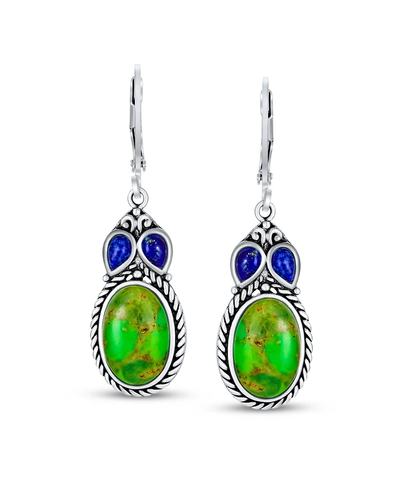 Bling Jewelry South Western Style Multi Stones Green Natural Stabilized Turquoise Oval Lever back Dangle Earrings Sterling Silver