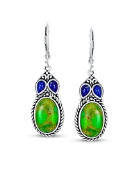 Bling Jewelry South Western Style Multi Stones Green Natural Stabilized Turquoise Oval Lever back Dangle Earrings Sterling Silver
