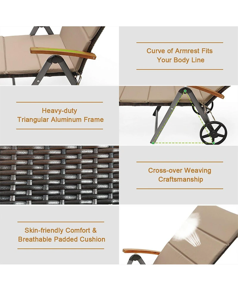 Gymax Folding Patio Rattan Lounge Chair Chaise Cushioned Aluminum Adjust Wheel