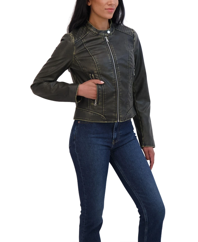 Sebby Collection Women's Distressed Faux Leather Zip Front Jacket