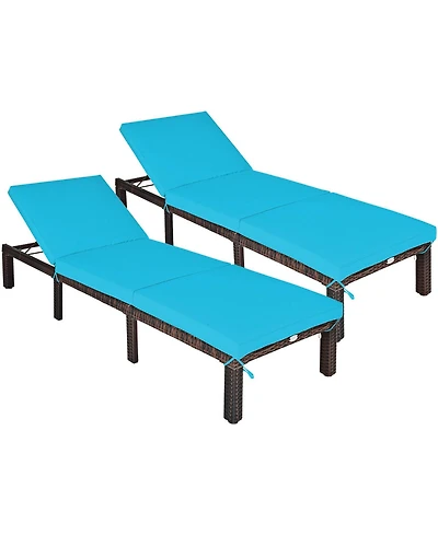 Gymax 2PCS Adjustable Patio Rattan Chaise Lounge Chair Recliner Outdoor w/ Turquoise Cushion