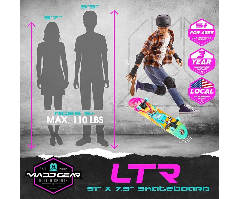 Madd Gear Beginner Skateboard for Kids Ages 5+ – 31" Popsicle Deck – Double Kicktail – Abec-5 Bearings – Max 110 lbs