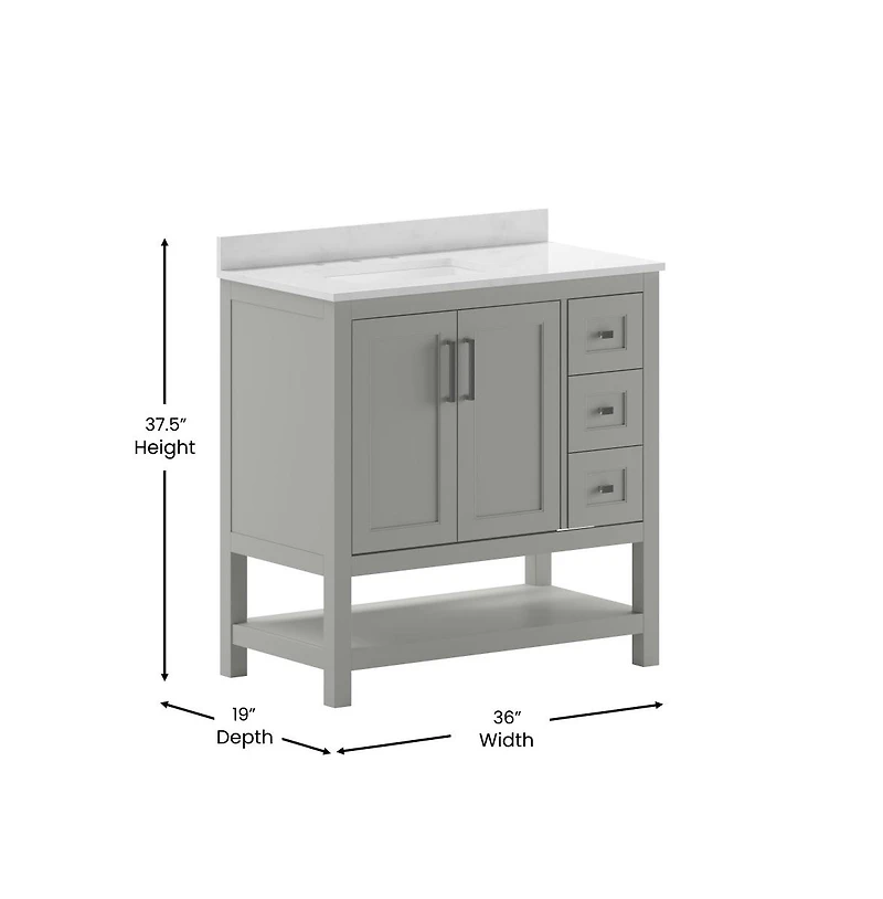 Merrick Lane Vigo Bathroom Vanity With Ceramic Sink, Carrara Marble Finish Countertop, Storage Cabinet With Soft Close Doors, Open Shelf And 3 Drawers
