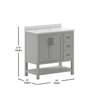 Merrick Lane Vigo Bathroom Vanity With Ceramic Sink, Carrara Marble Finish Countertop, Storage Cabinet With Soft Close Doors, Open Shelf And 3 Drawers