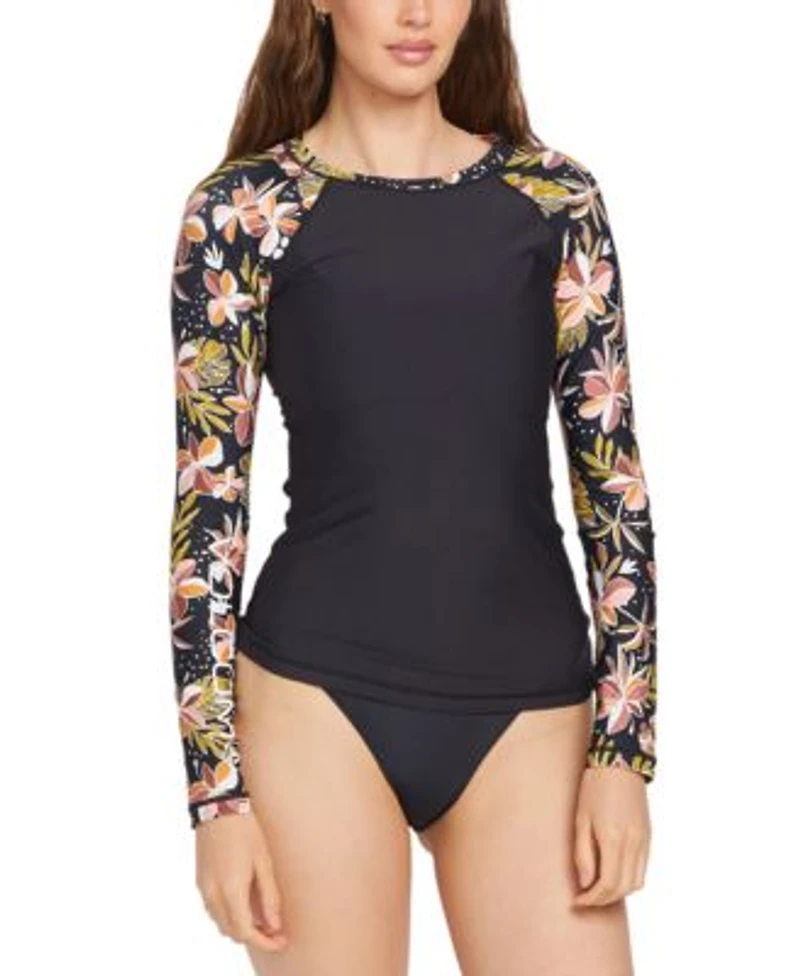 Volcom Juniors Fronds Forever Printed Sleeve Rash Guard Simply Seamless Cheeky Bikini Bottoms