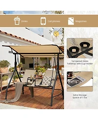 Slickblue 2-Seat Outdoor Cushioned Porch Swing with Adjustable Canopy and Tempered Glass Table-Beige