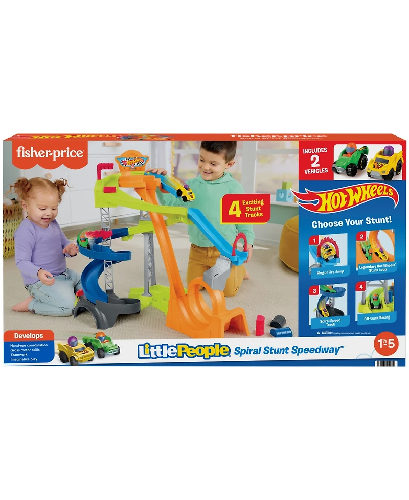 Little People Hot Wheels Spiral Stunt Speedway Playset with 2 Cars & Accessories