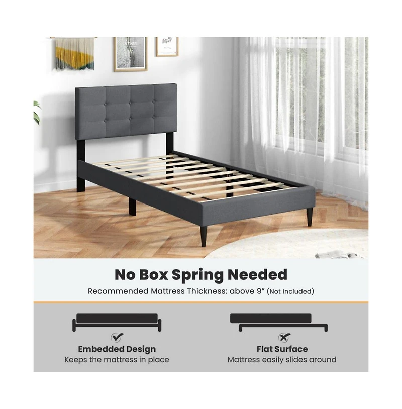 Sugift Twin Size Upholstered Platform Bed with with Button Tufted Linen Fabric Headboard