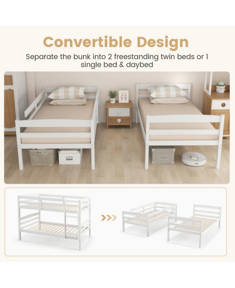 Sugift Solid Wood Twin Over Bunk Bed Frame with High Guardrails and Integrated Ladder