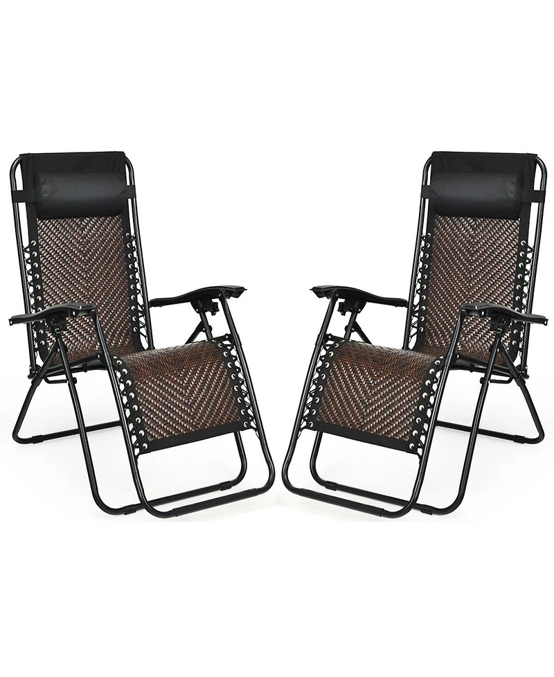 Gymax Set of 2 Folding Rattan Patio Zero Gravity Lounge Chair Recliner