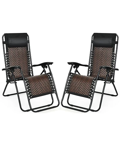 Gymax Set of 2 Folding Rattan Patio Zero Gravity Lounge Chair Recliner