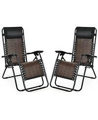 Gymax Set of 2 Folding Rattan Patio Zero Gravity Lounge Chair Recliner