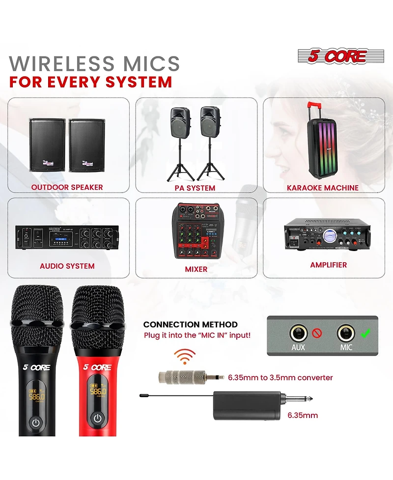 5 Core Wireless Microphone Pair Uhf Professional Handheld Microfonos Inalambricos Cordless Mic System Wm Uhf 02-red+Blk