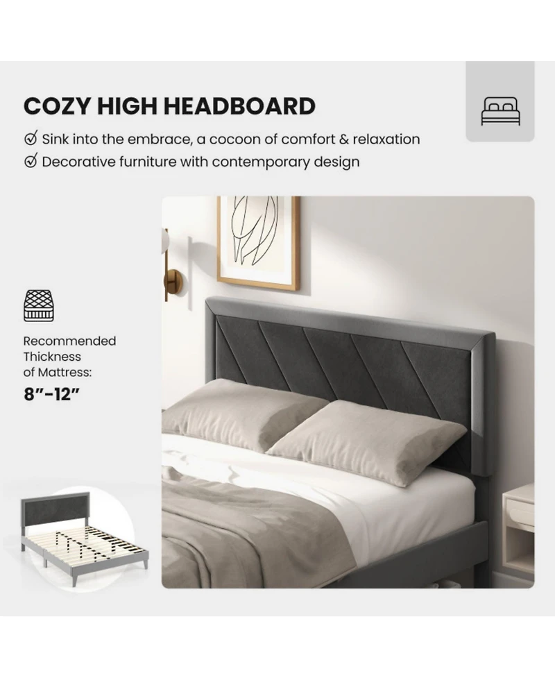 Sugift Full Platform Bed with High Headboard and Wooden Slats