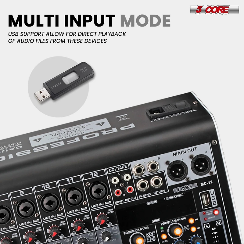 5 Core Audio Dj Mixer 12 Channel Sound Board L Shape w Bluetooth Usb 99 Dsp Effects 48V Phantom Power - Mx 12CH L