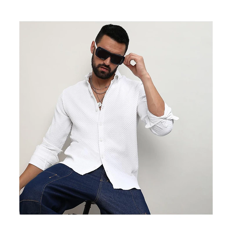 Men's Chalk White Embossed Micro Check Shirt
