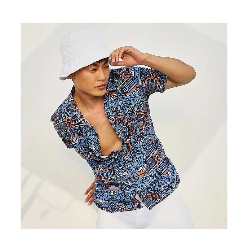 Campus Sutra Men's Icy Blue Artistic Bohemian Shirt