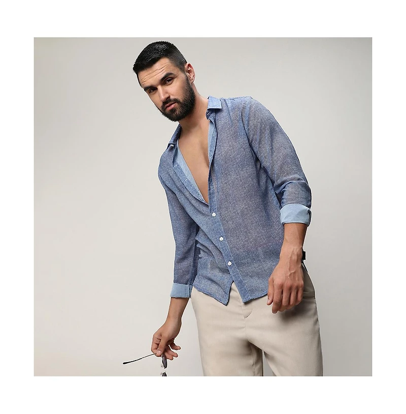Campus Sutra Men's Prussian Blue Gauzy Heathered Shirt