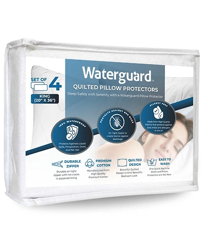 Waterguard Quilted Waterproof and Hypoallergenic Pillow Covers - King Size - 4 Pack