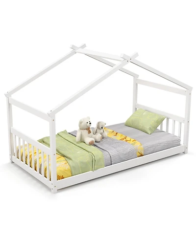 Sugift Twin Size Wooden House Bed with Roof