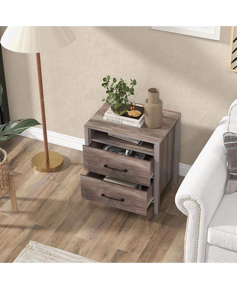 Sugift Nightstand with 2 Drawers Farmhouse Bed Side Table with Open Storage Shelf