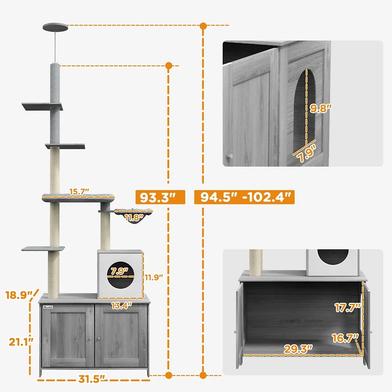PawHut 2 in 1 Litter Box Enclosure with Floor to Ceiling Cat Tree,