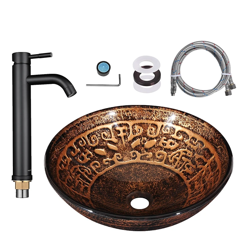 Aquaterior Tempered Glass Vessel Sink Antique Totem w/ Orb Faucet Mounting Ring