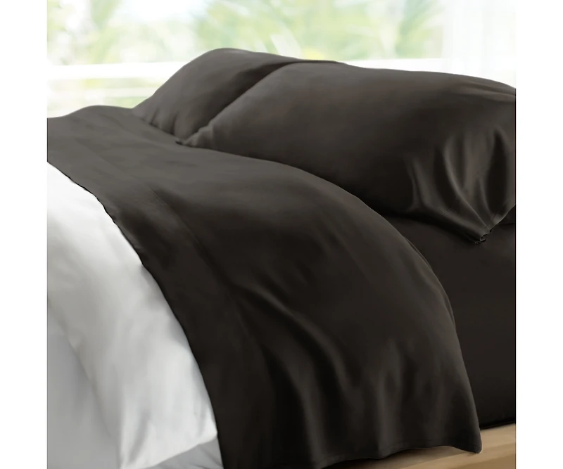 Cariloha Retreat 4-Piece Sateen Sheet Set | Black Sand | Queen | Lyocell Material | Breathable, Corner Straps, Extra soft & Cooling