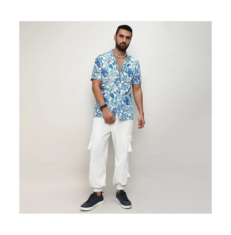 Campus Sutra Men's Chalk White:Indigo Blue Mesh Foliage Shirt