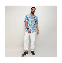 Campus Sutra Men's Chalk White:Indigo Blue Mesh Foliage Shirt