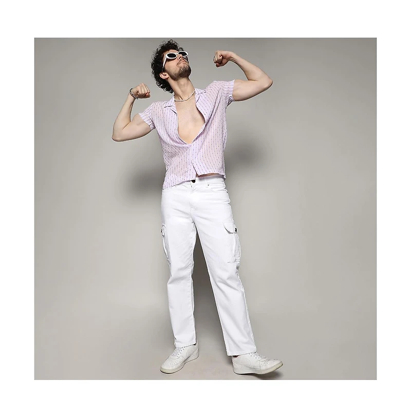 Men's White & Lavender Balanced Striped Shirt