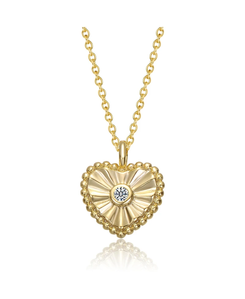 Sterling Silver 14k Gold Plated Cubic Zirconia Textured Heart Pendant Necklace