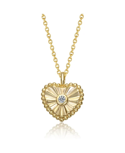 Sterling Silver 14k Gold Plated Cubic Zirconia Textured Heart Pendant Necklace