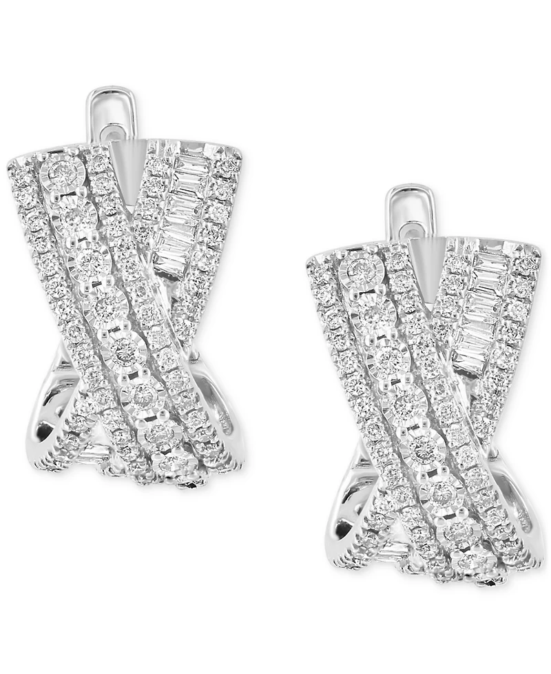 Effy Diamond Round & Baguette Crossover Huggie Hoop Earrings (7/8 ct. t.w.) in 14k White Gold