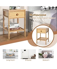 Sugift Set of 2 Bamboo End Tables with Drawer and Open Shelf