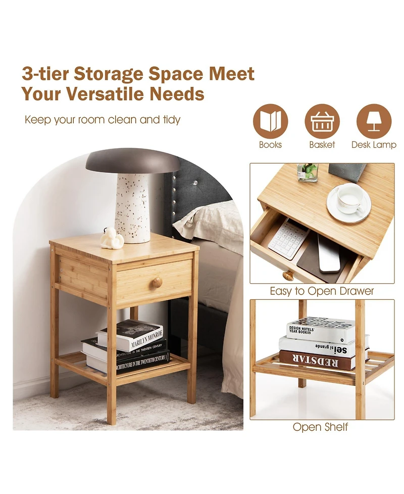 Sugift Set of 2 Bamboo End Tables with Drawer and Open Shelf