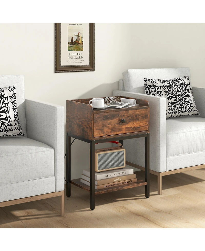 Sugift Industrial Bedside Table Nightstand with Charging Station