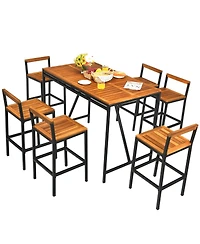 Sugift 7 Pieces Acacia Wood Patio Rattan Bar Set with Umbrella Hole