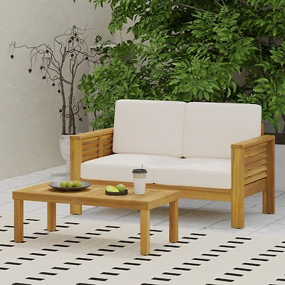 Streamdale Acacia Wood Outdoor Loveseat And Coffee Table Set With Cushions