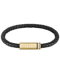 Hugo Boss Men's Ares Single Ionic Plated Thin Gold Steel Black Leather Bracelet