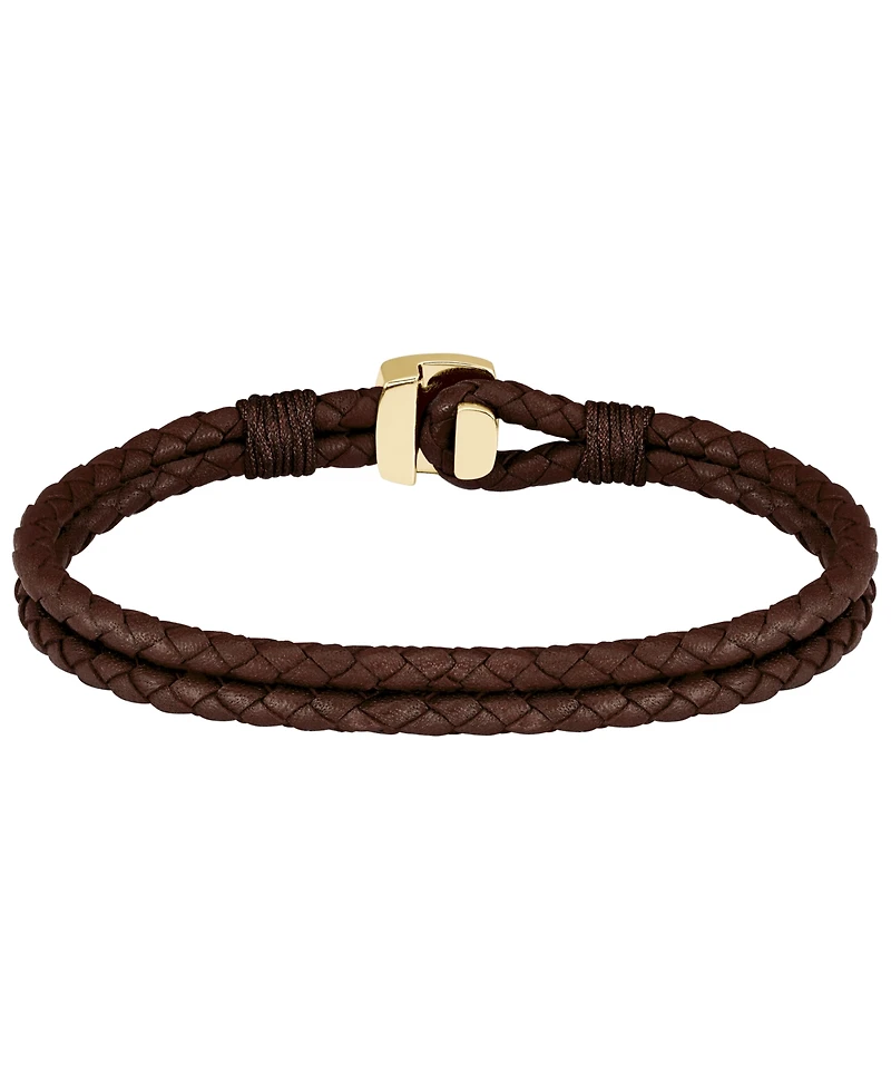 Hugo Boss Men's Seal Ionic Plated Thin Gold Steel Brown Leather Bracelet