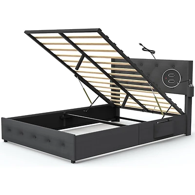 Streamdale Queen Bed Frame with Storage, Lift Up, Wingback Headboard, Usb Ports