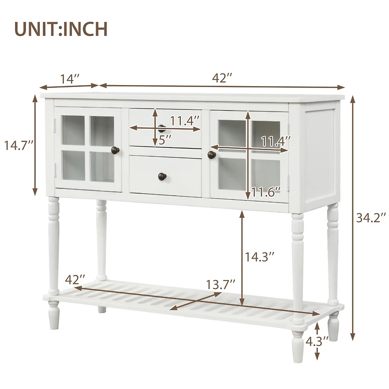 Sideboard Console Table With Bottom Shelf, Farmhouse Wood/Glass Buffet Storage Cabinet Living